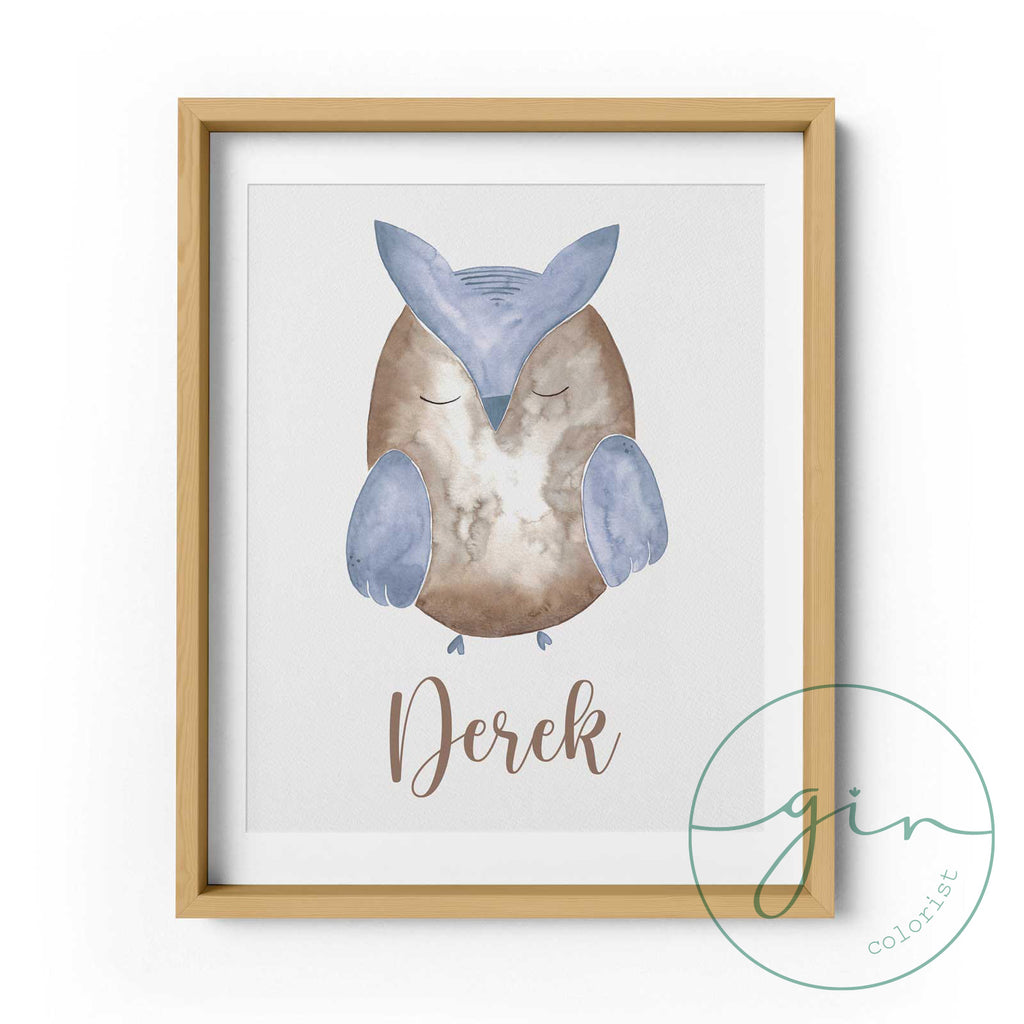 Set of 3 Personalized Watercolor Prints: Blue Woodland Animals (Bird, Owl, Hedgehog)