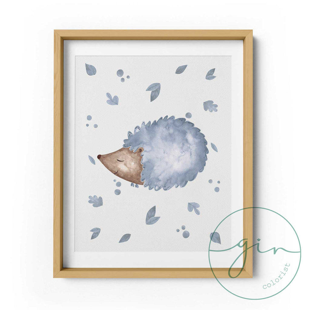 Set of 3 Personalized Watercolor Prints: Blue Woodland Animals (Bird, Owl, Hedgehog)