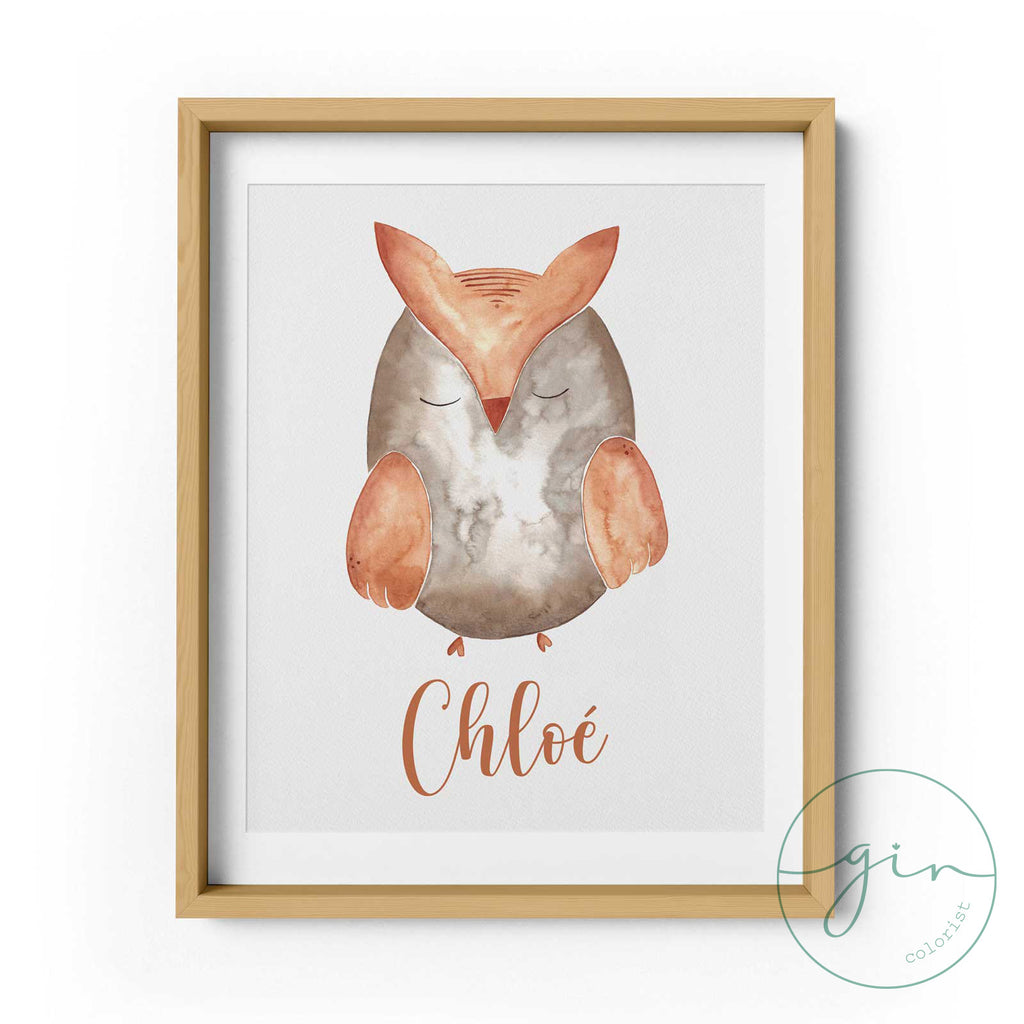 Set of 3 Personalized Watercolor Prints: Orange Woodland Animals (Owl, Bird, Hedgehog)