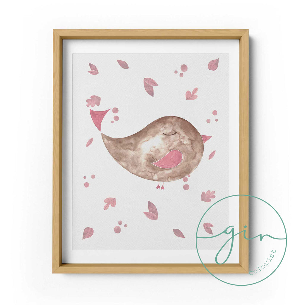 Set of 3 Personalized Watercolor Prints: Pink Woodland Animals (Bird, Owl, Hedgehog)