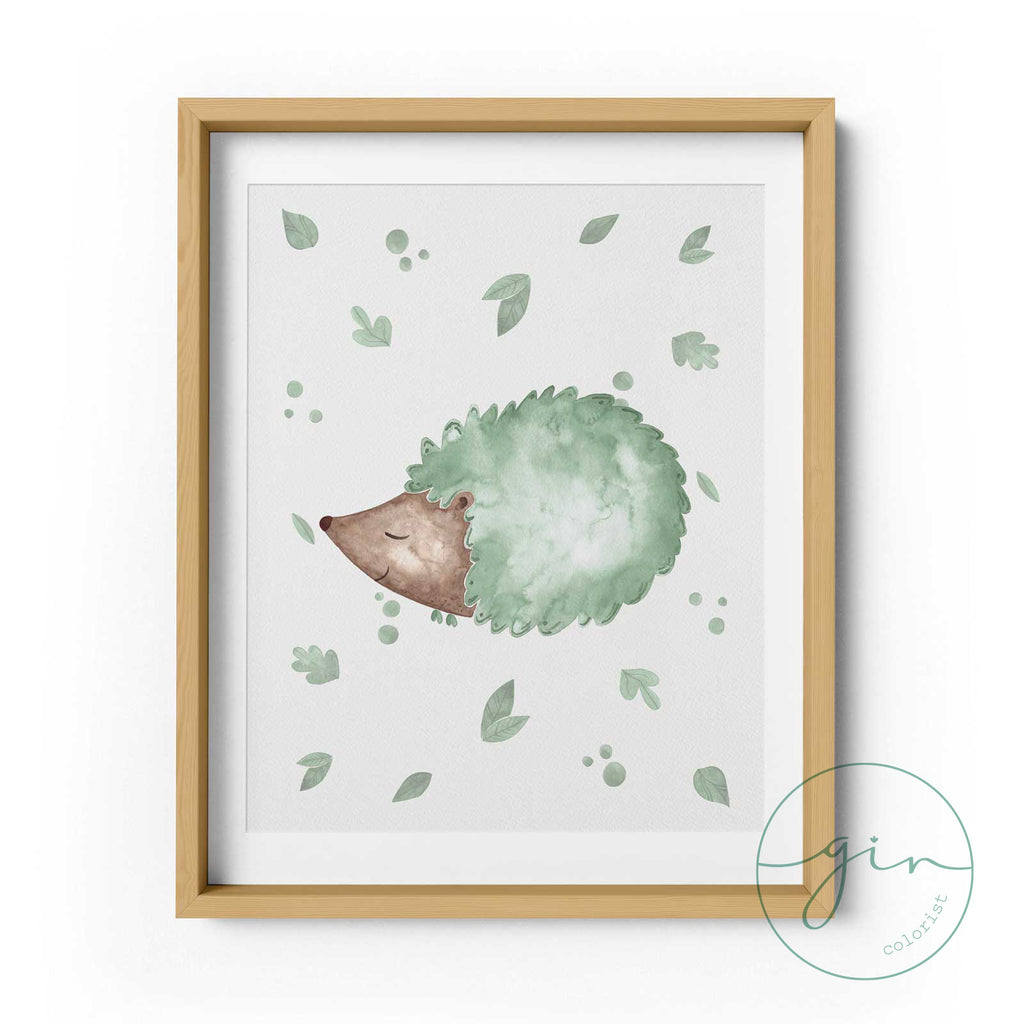 Gin Colorist personalised woodland prints in sage green displayed in wooden frames