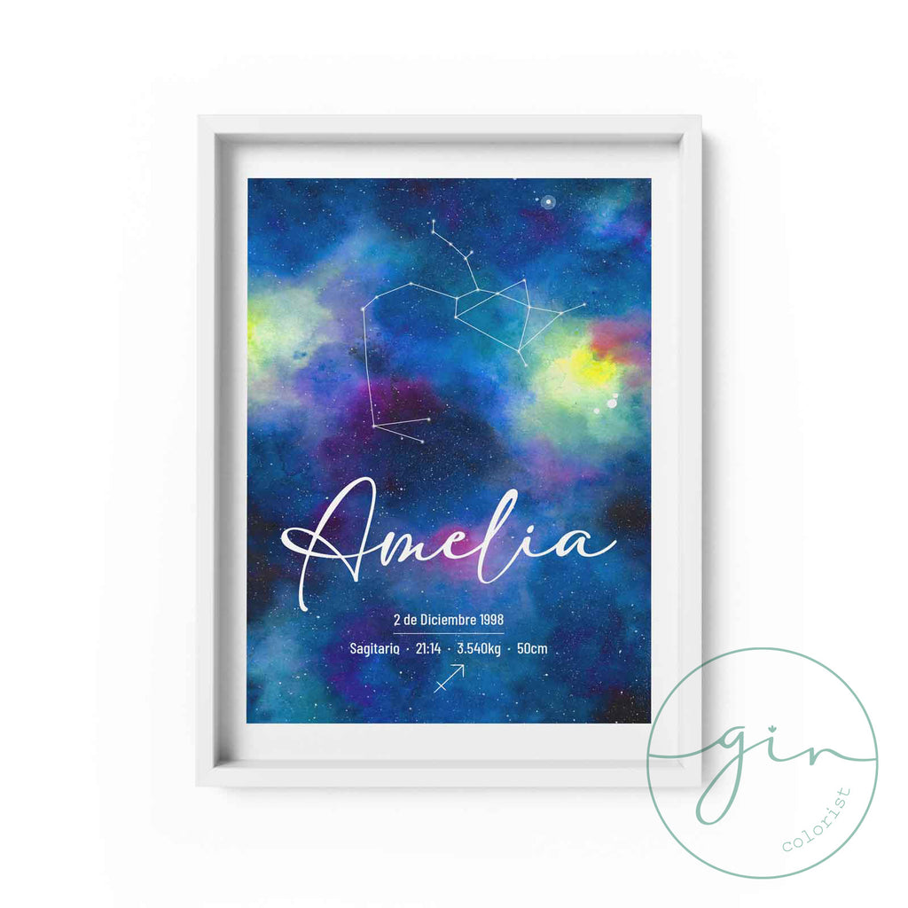 "Cosmos" Personalized Watercolor Art Print - Custom Birth & Zodiac Details