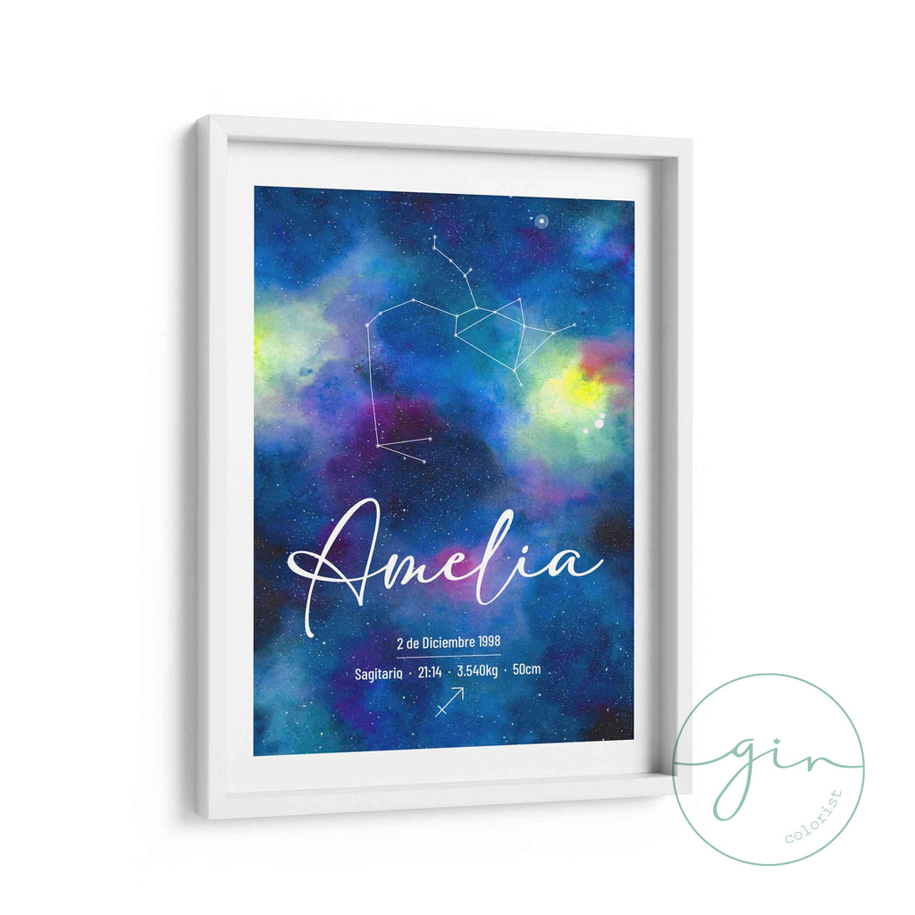 "Cosmos" Personalized Watercolor Art Print - Custom Birth & Zodiac Details