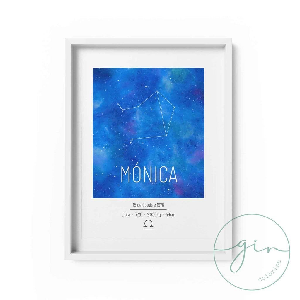 "Estelar" Personalized Watercolor Star Print - Custom Birth Details & Zodiac