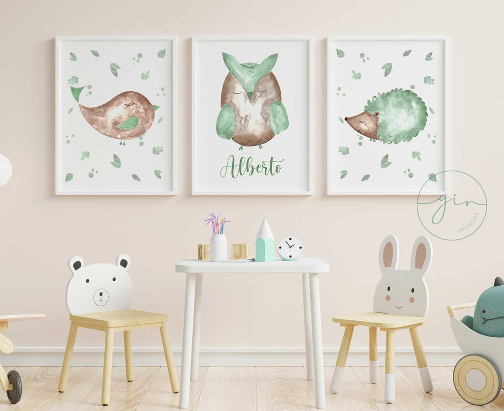 Set of 3 personalised watercolour woodland nursery prints in sage green with owl, bird and hedgehog