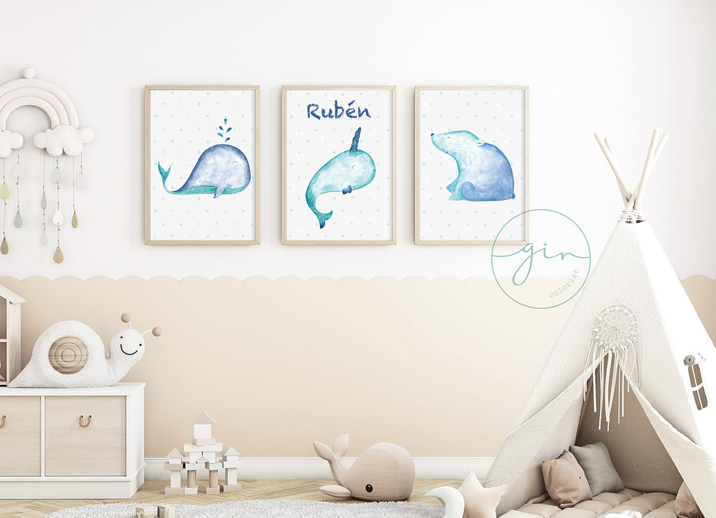 Pack 3 láminas infantiles personalizadas animales polares acuarela ballena narval oso polar