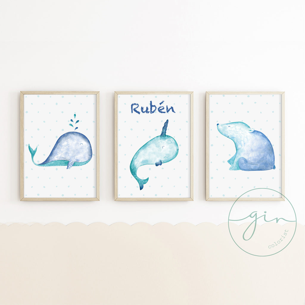 Pack láminas infantiles polares acuarela enmarcadas habitación niño decoración azul turquesa