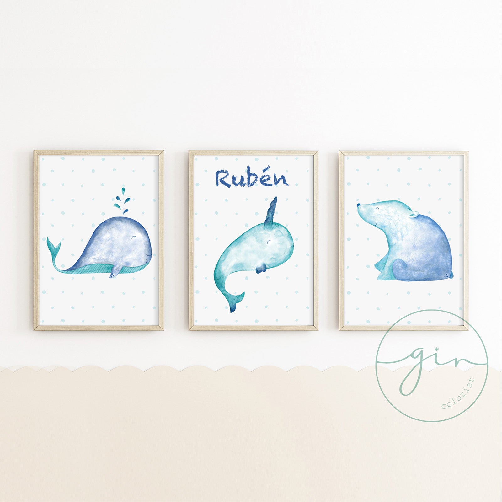 Pack láminas infantiles polares acuarela enmarcadas habitación niño decoración azul turquesa