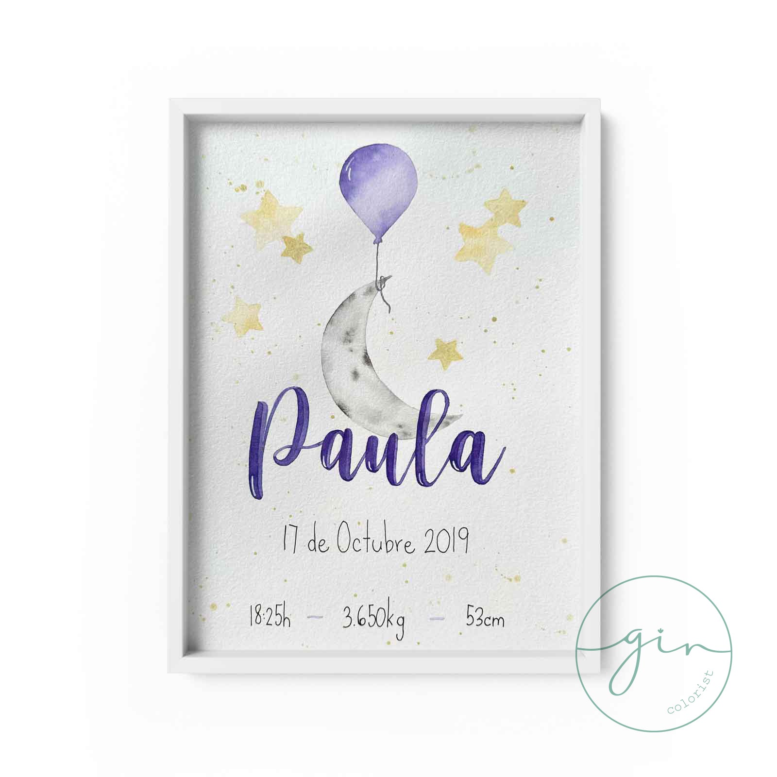 Lámina de nacimiento personalizada  luna estrellas y globo acuarela morado cuadro bebé personalizable.