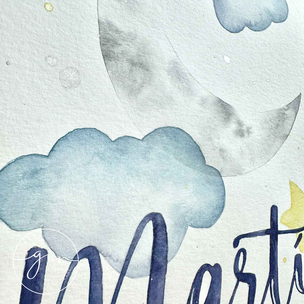Detalle acuarela original pintada a mano luna nubes estrellas personalizada nombre bebé