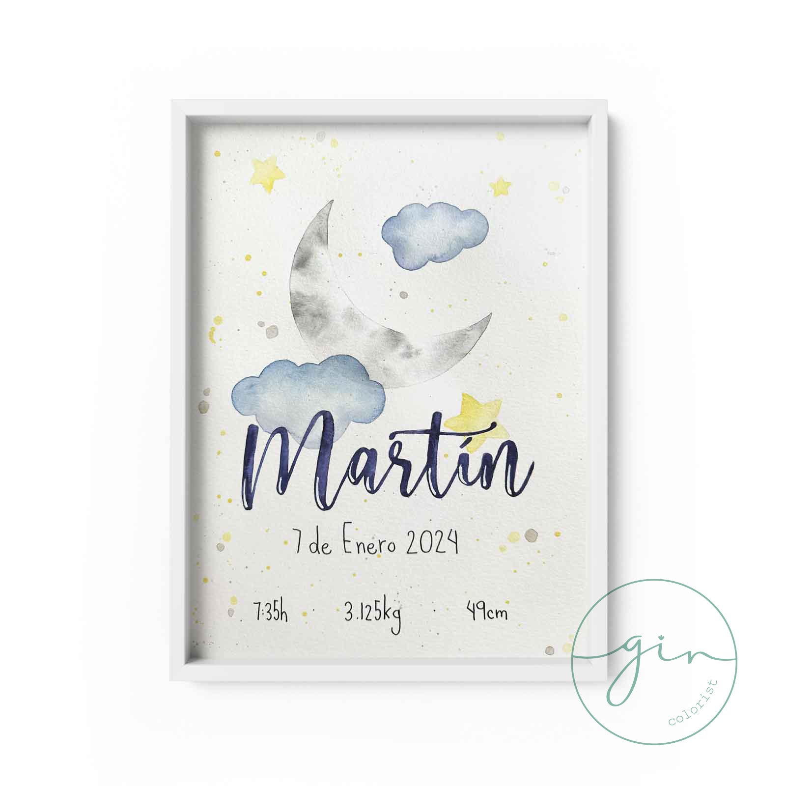 Lámina de nacimiento personalizada noche estrellada y luna acuarela azul. Gincolorist cuadro bebé personalizable.
