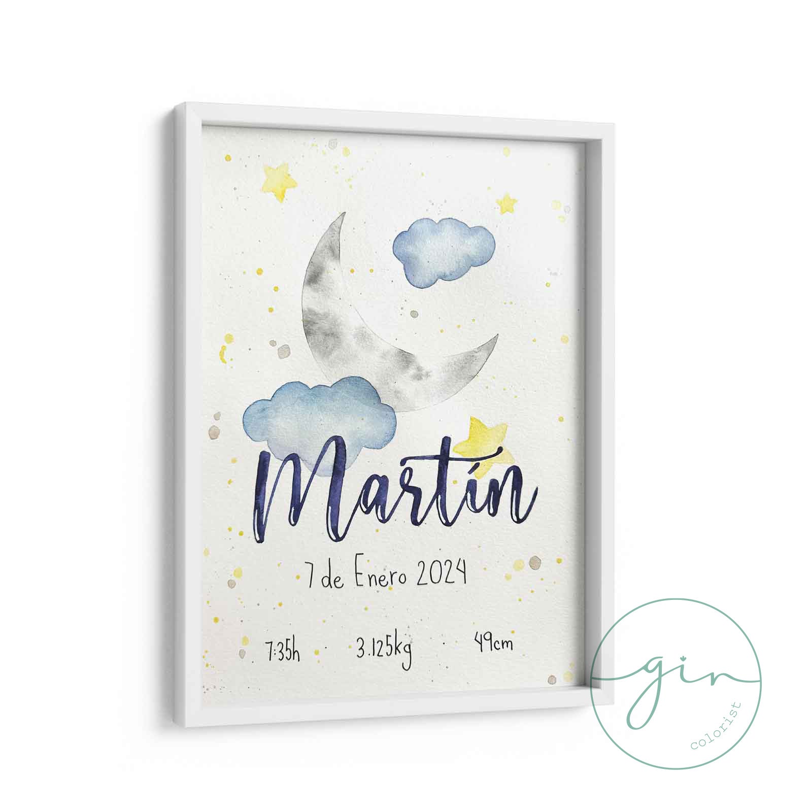 lámina de nacimiento personalizada noche estrellada. Gincolorist marco blanco y arte personalizable.