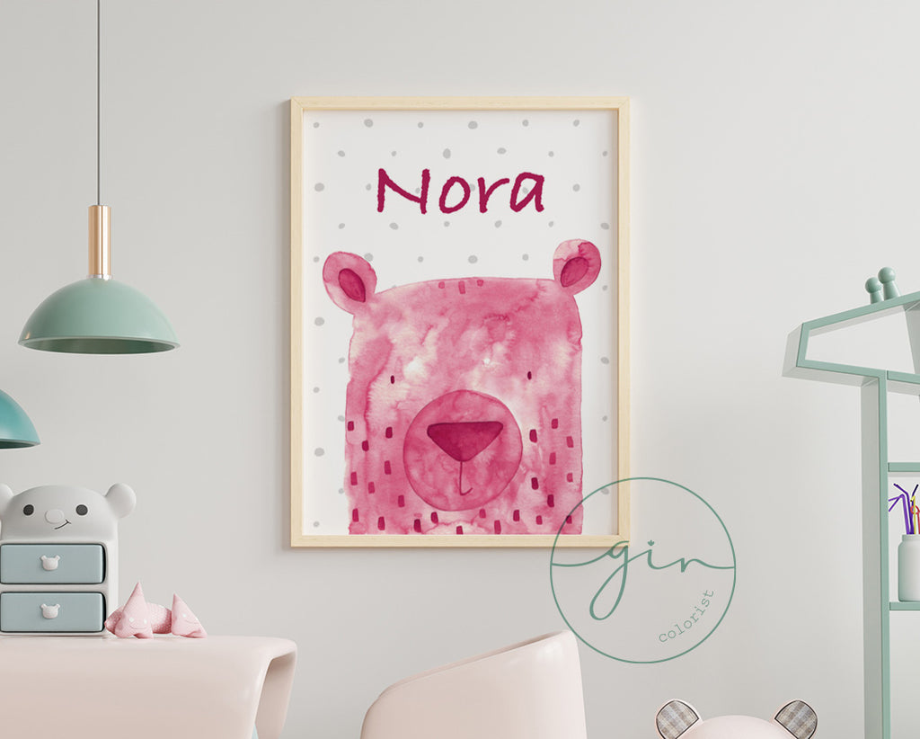 Personalized Magenta Watercolor Bear Print - Romantic Nursery Art