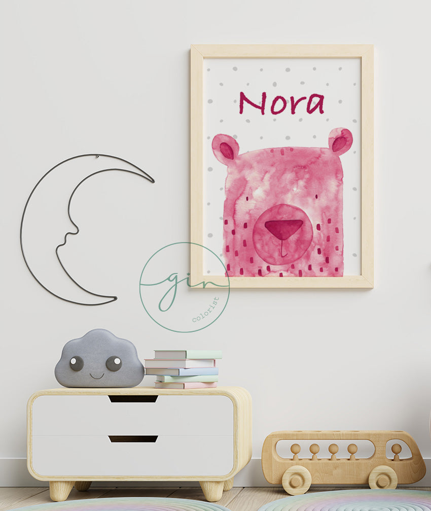 Personalized Magenta Watercolor Bear Print - Romantic Nursery Art