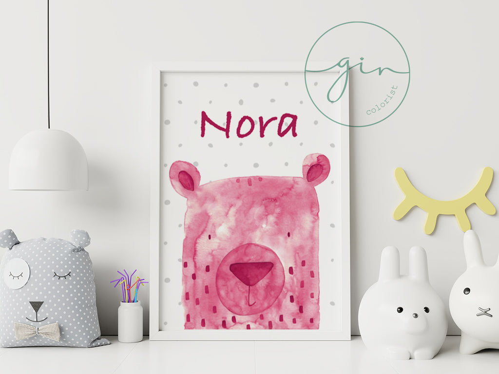 Personalized Magenta Watercolor Bear Print - Romantic Nursery Art