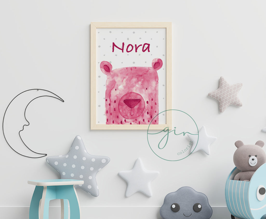 Personalized Magenta Watercolor Bear Print - Romantic Nursery Art