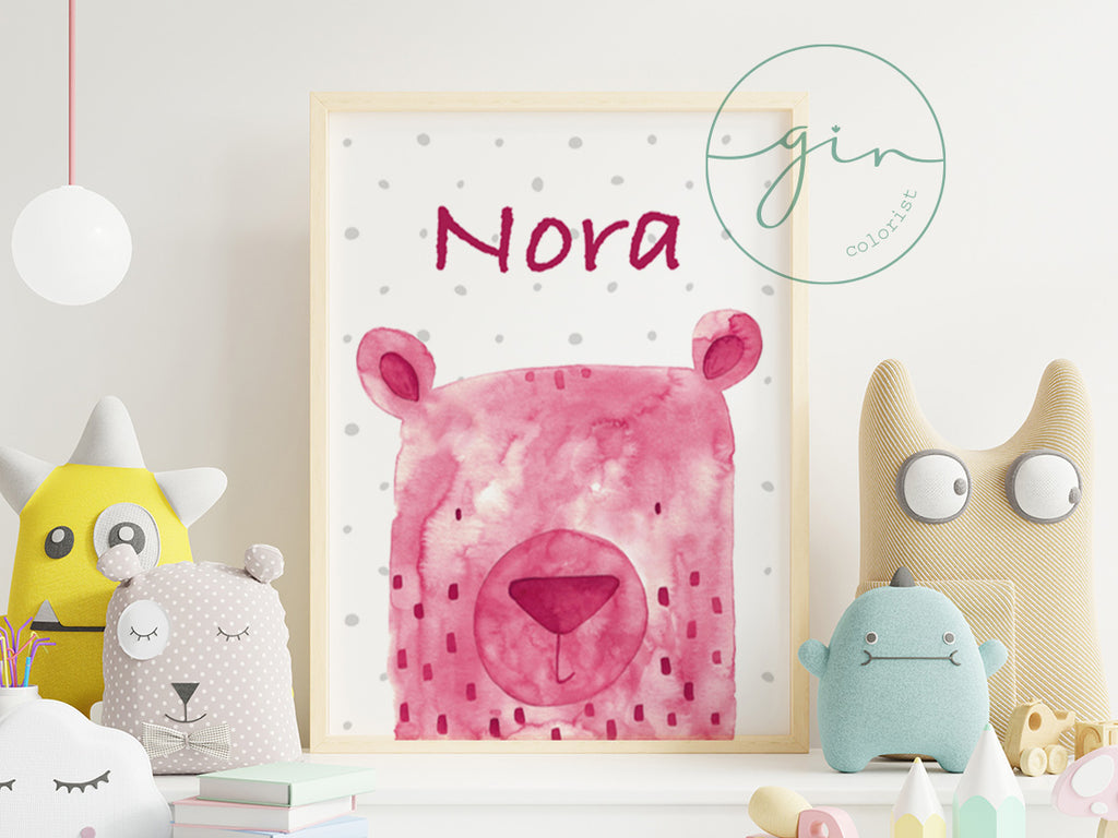 Personalized Magenta Watercolor Bear Print - Romantic Nursery Art