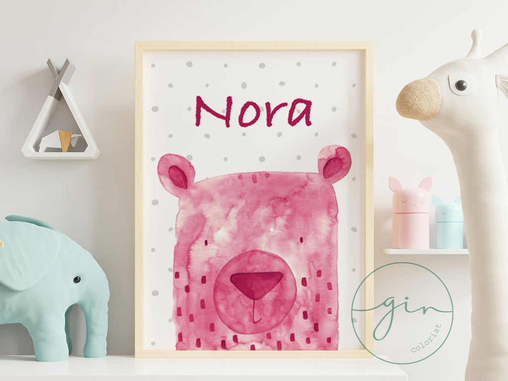 Personalized Magenta Watercolor Bear Print - Romantic Nursery Art