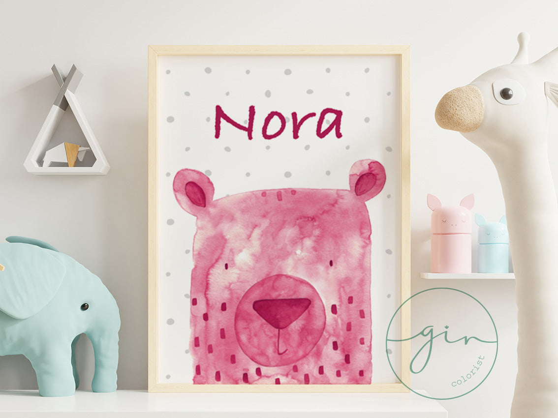 Personalized Magenta Watercolor Bear Print - Romantic Nursery Art