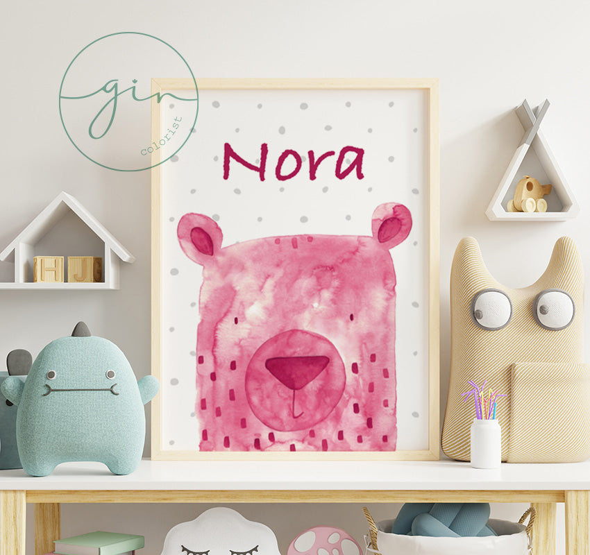 Personalized Magenta Watercolor Bear Print - Romantic Nursery Art