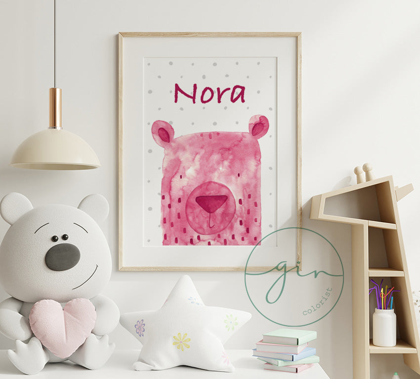 Personalized Magenta Watercolor Bear Print - Romantic Nursery Art