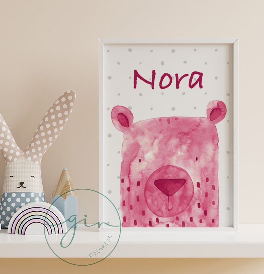 Personalized Magenta Watercolor Bear Print - Romantic Nursery Art