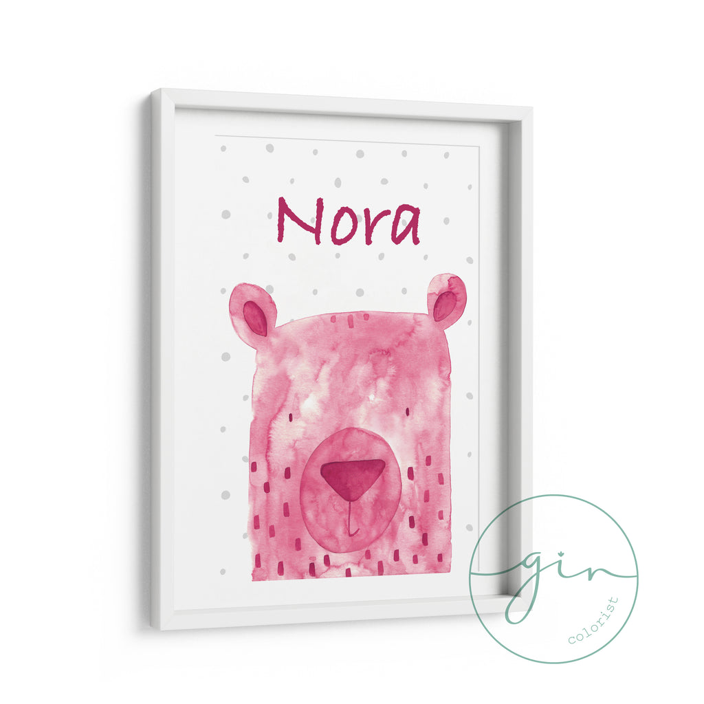 Personalized Magenta Watercolor Bear Print - Romantic Nursery Art
