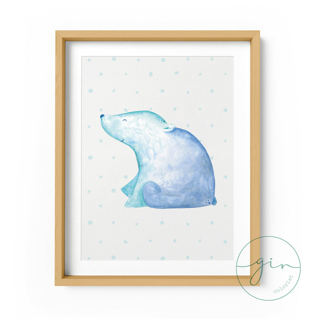 Lámina infantil personalizada oso polar acuarela azul regalo cumpleaños baby shower niños