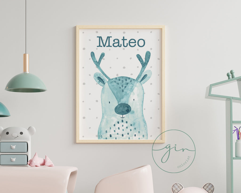 Personalized Watercolor Reindeer Print - Cozy Nursery Wall Art