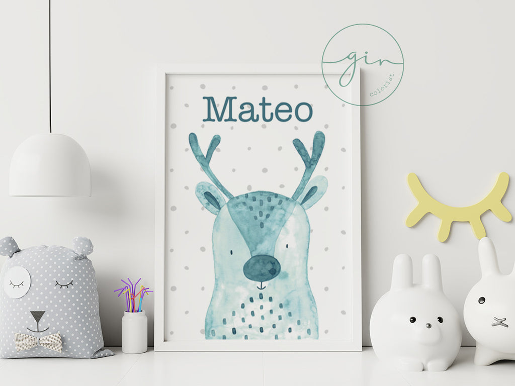 Personalized Watercolor Reindeer Print - Cozy Nursery Wall Art
