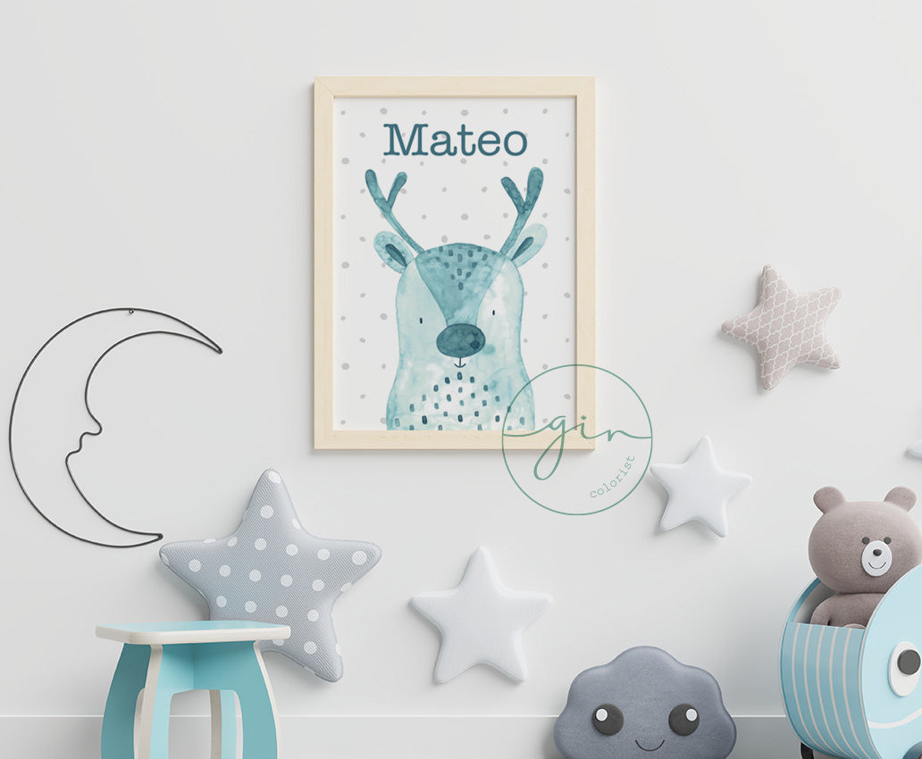 Personalized Watercolor Reindeer Print - Cozy Nursery Wall Art