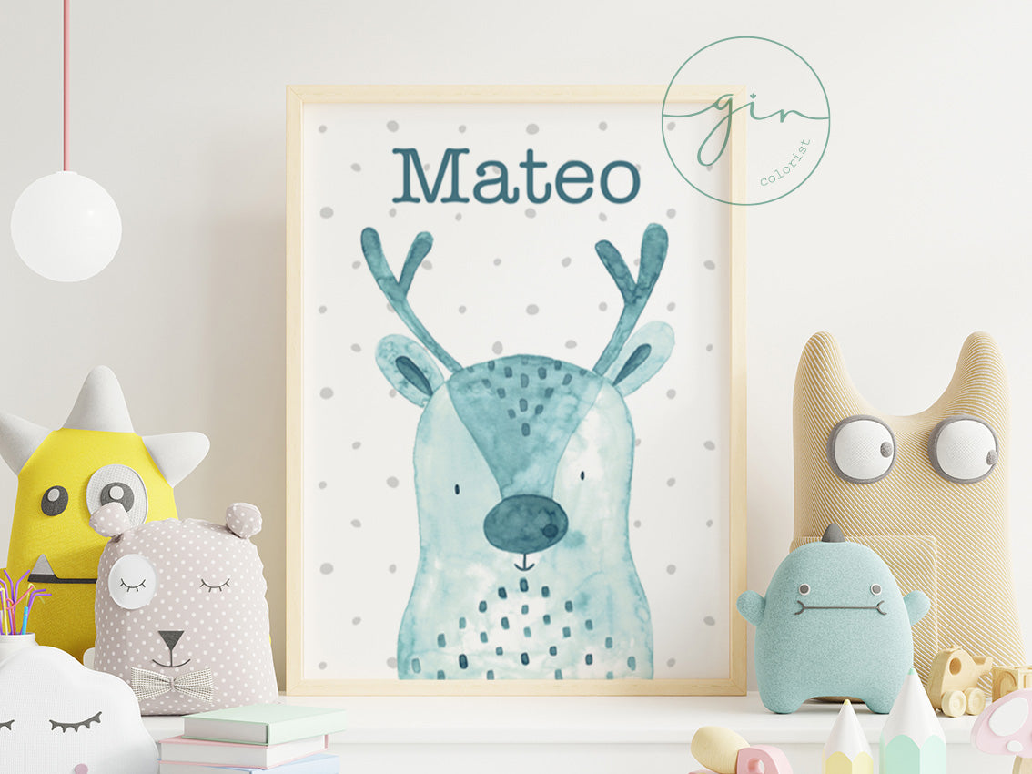 Personalized Watercolor Reindeer Print - Cozy Nursery Wall Art