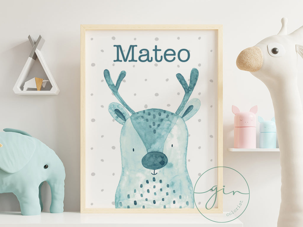 Personalized Watercolor Reindeer Print - Cozy Nursery Wall Art