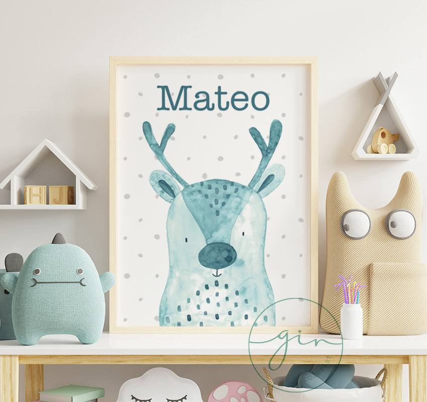 Personalized Watercolor Reindeer Print - Cozy Nursery Wall Art