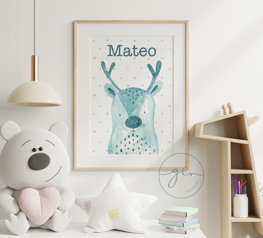 Personalized Watercolor Reindeer Print - Cozy Nursery Wall Art