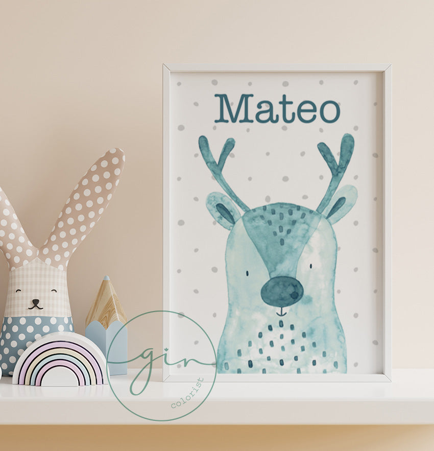 Personalized Watercolor Reindeer Print - Cozy Nursery Wall Art