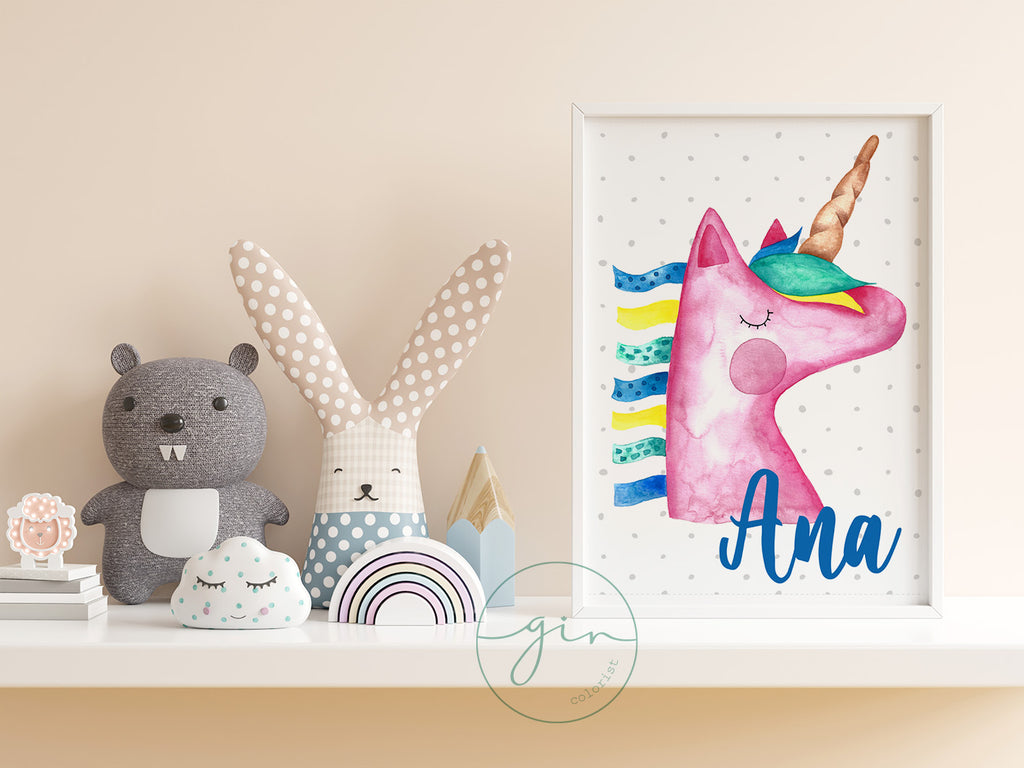Lámina personalizada unicornio en acuarela con nombre, melena de cintas de colores