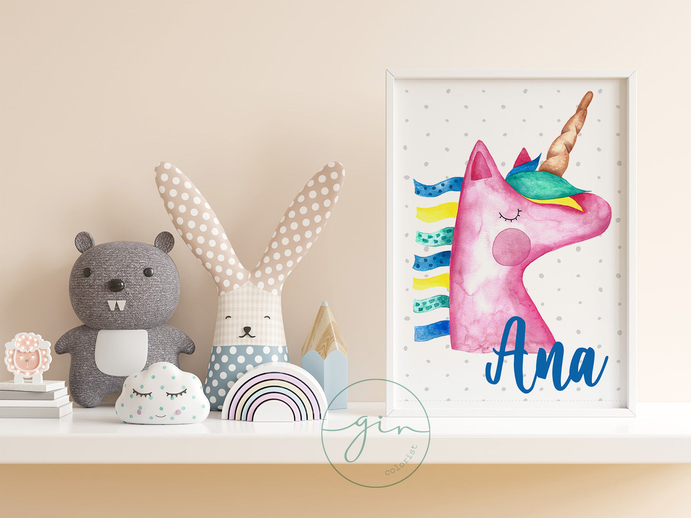 Lámina personalizada unicornio en acuarela con nombre, melena de cintas de colores