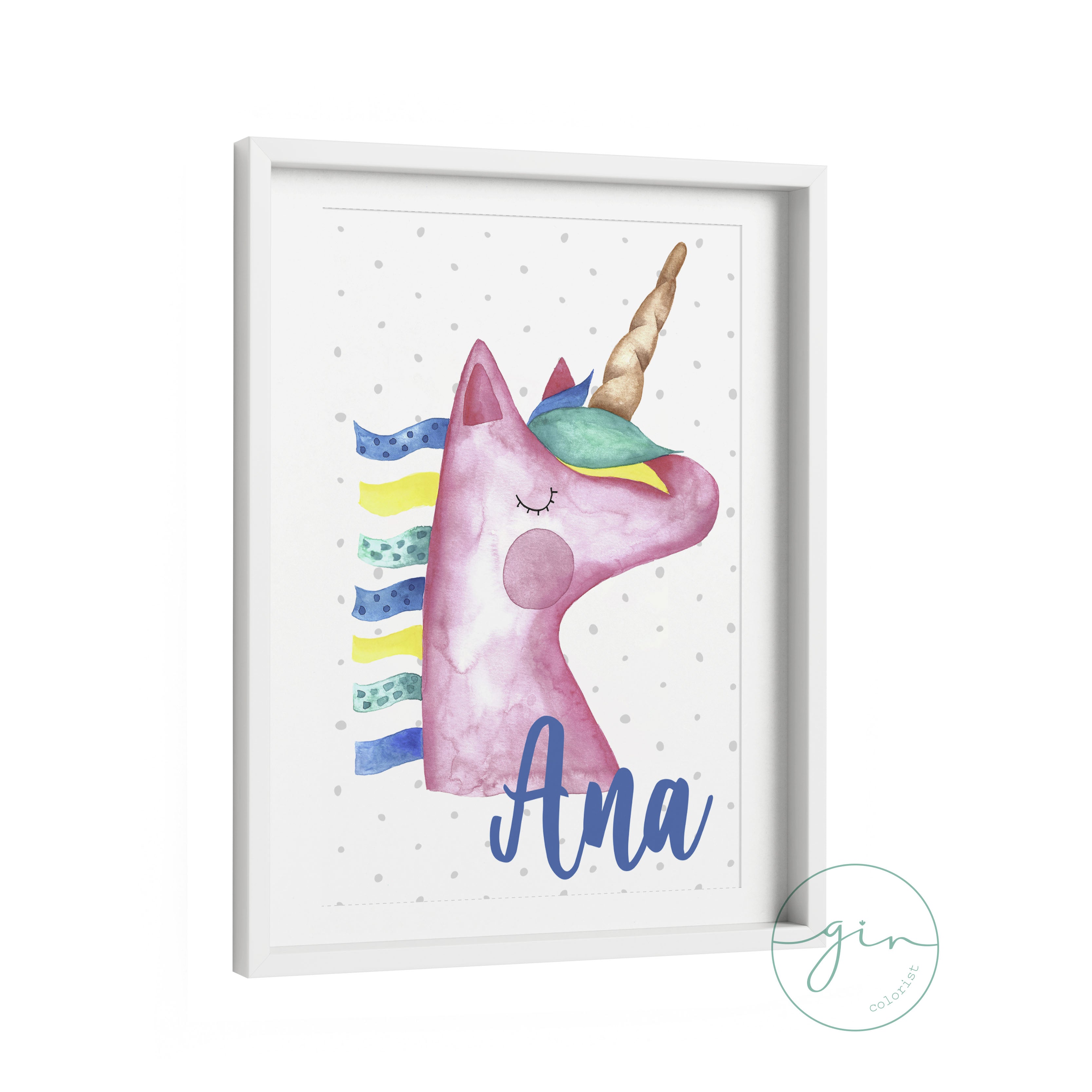Lámina infantil unicornio en acuarela, personalizada para niñas