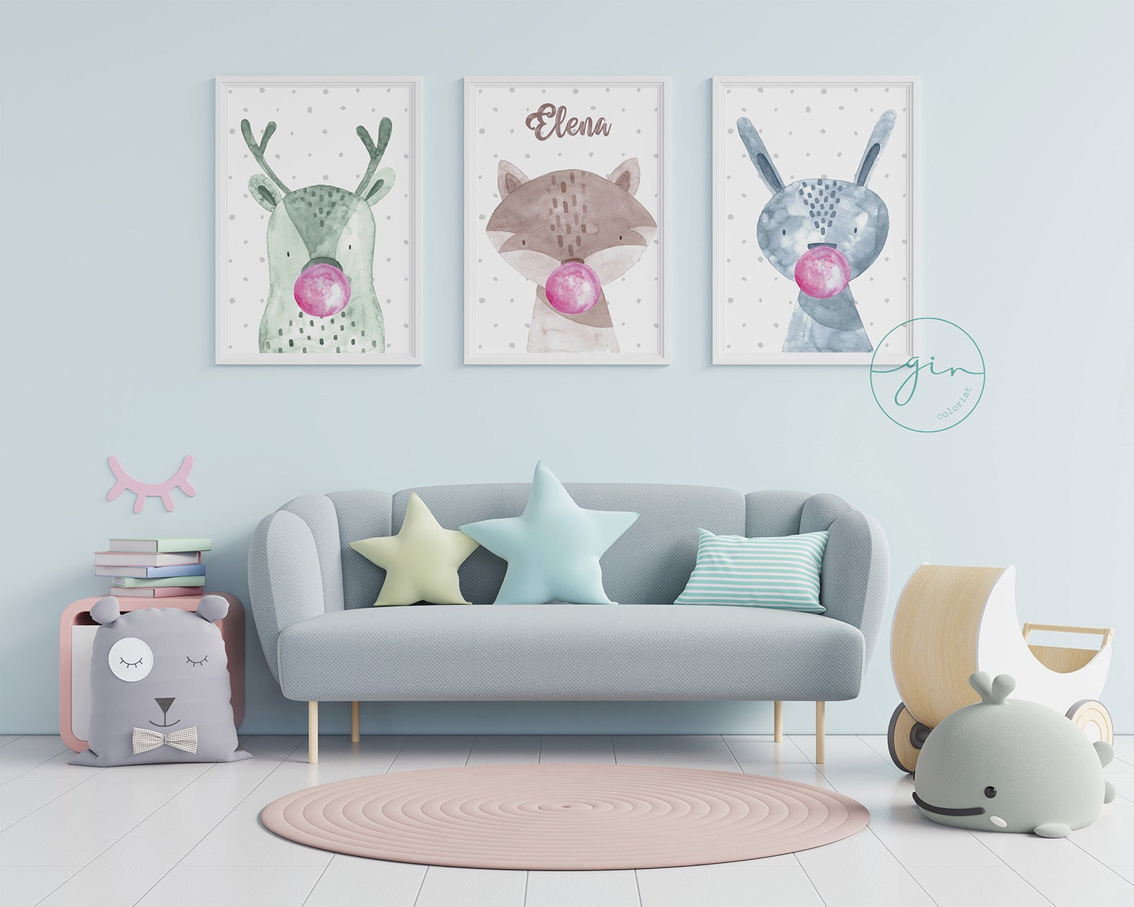 Pack láminas infantiles bubblegum enmarcadas salón decoración niños acuarela GinColorist