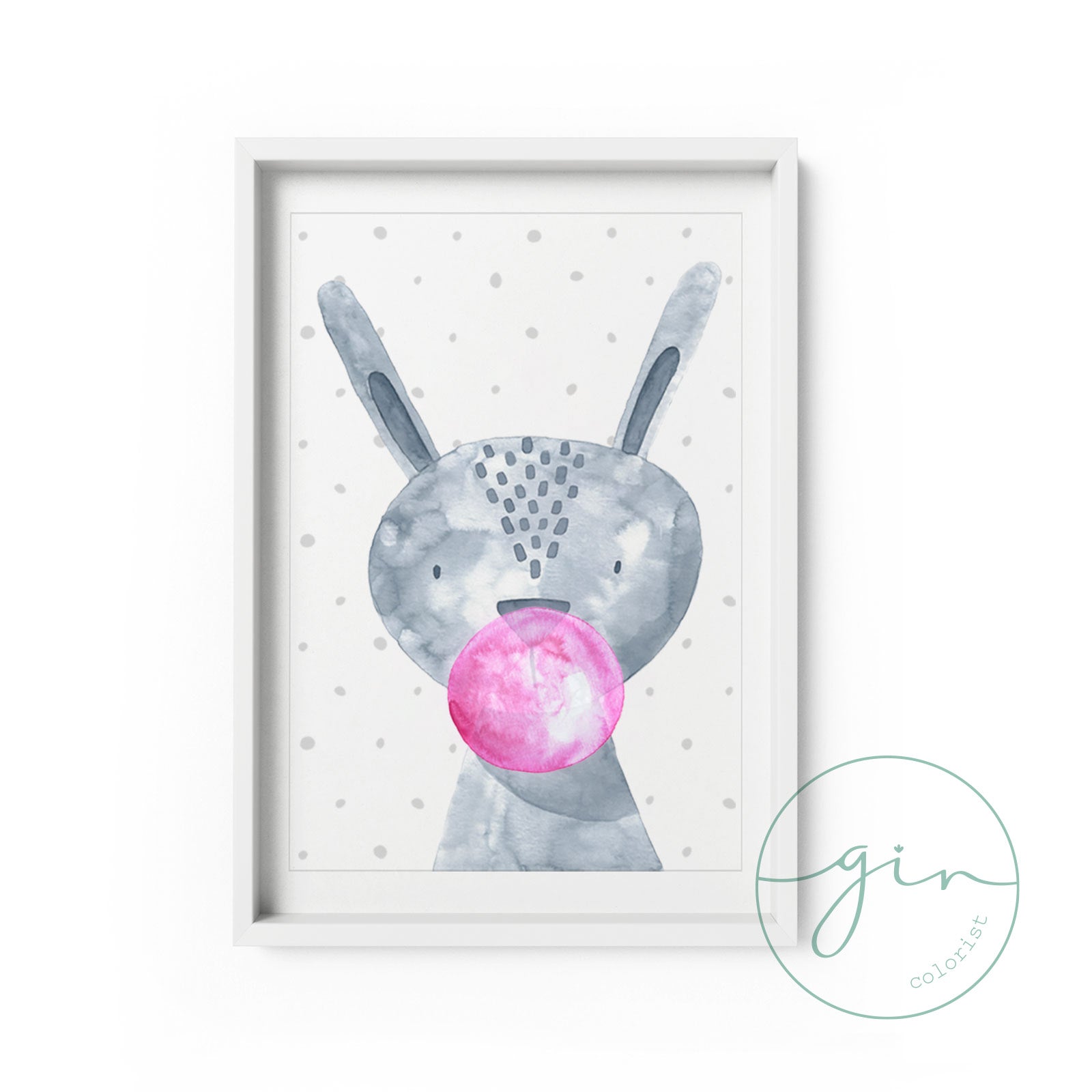 Lámina infantil personalizada conejo bubblegum acuarela regalo cumpleaños niños