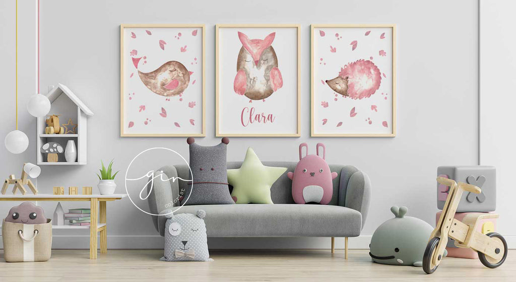 Set of 3 Personalized Watercolor Prints: Pink Woodland Animals (Bird, Owl, Hedgehog)
