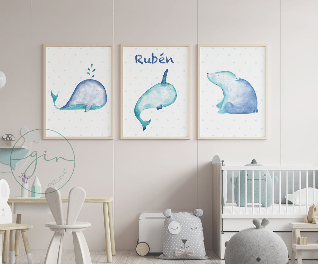 Pack láminas infantiles polares acuarela azul turquesa decoración habitación bebé niño