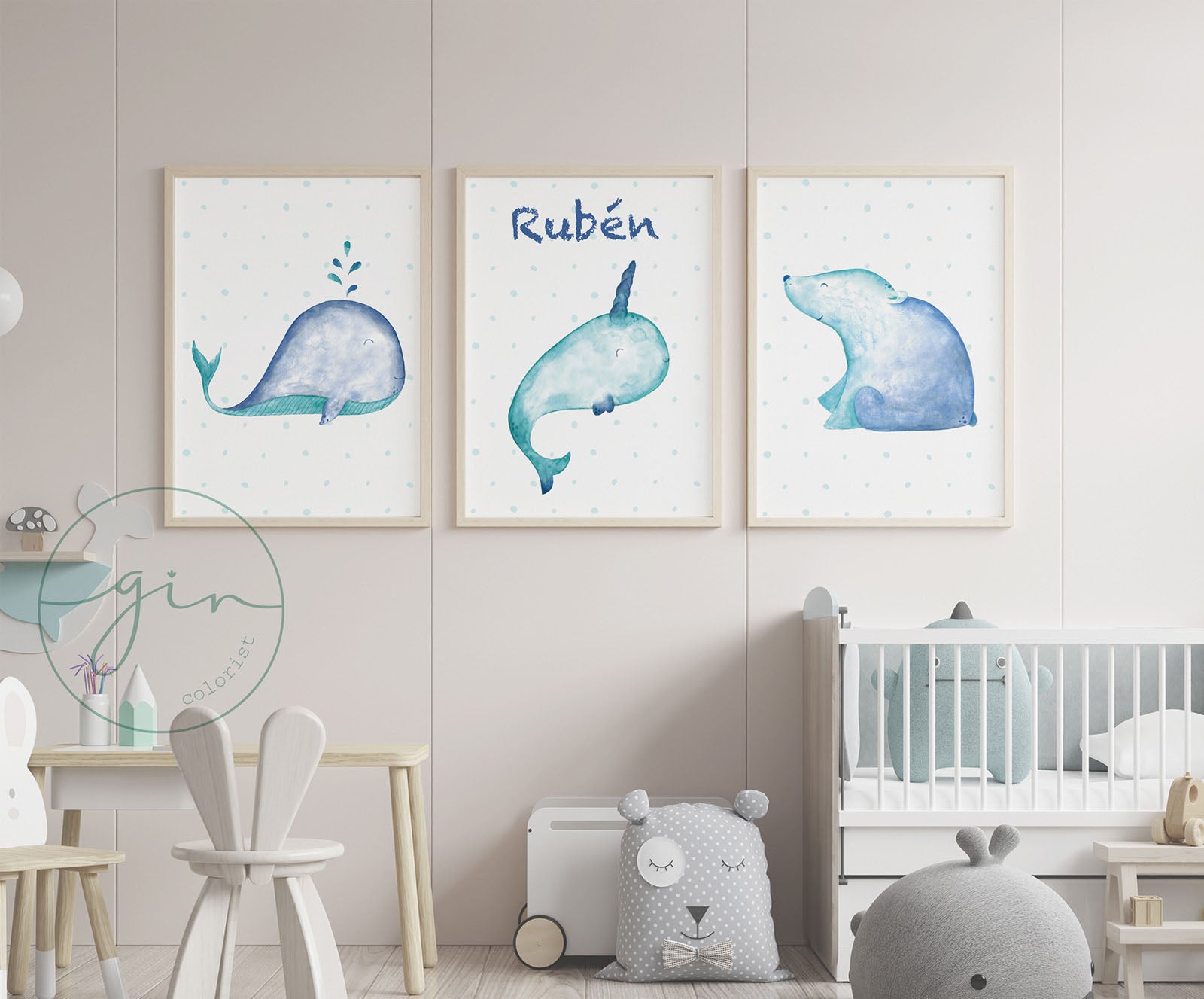 Pack láminas infantiles polares acuarela azul turquesa decoración habitación bebé niño
