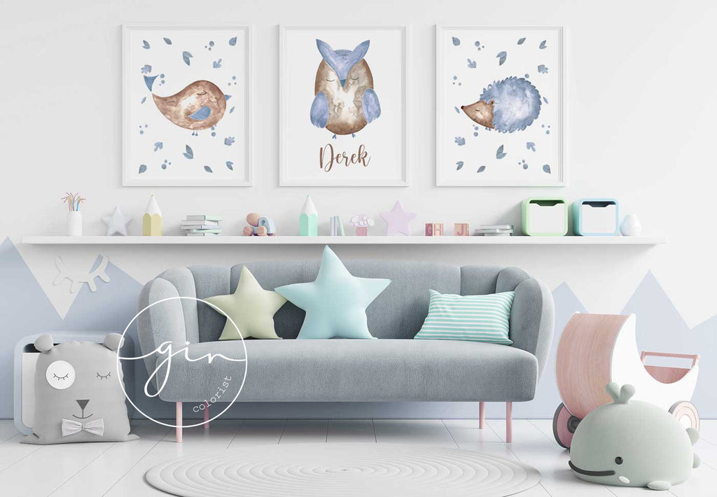 Set of 3 Personalized Watercolor Prints: Blue Woodland Animals (Bird, Owl, Hedgehog)