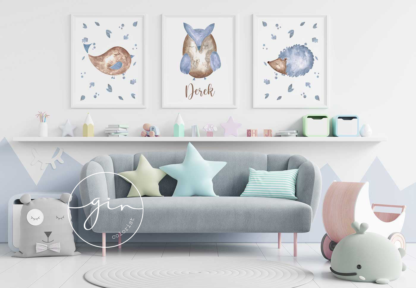 Set of 3 Personalized Watercolor Prints: Blue Woodland Animals (Bird, Owl, Hedgehog)