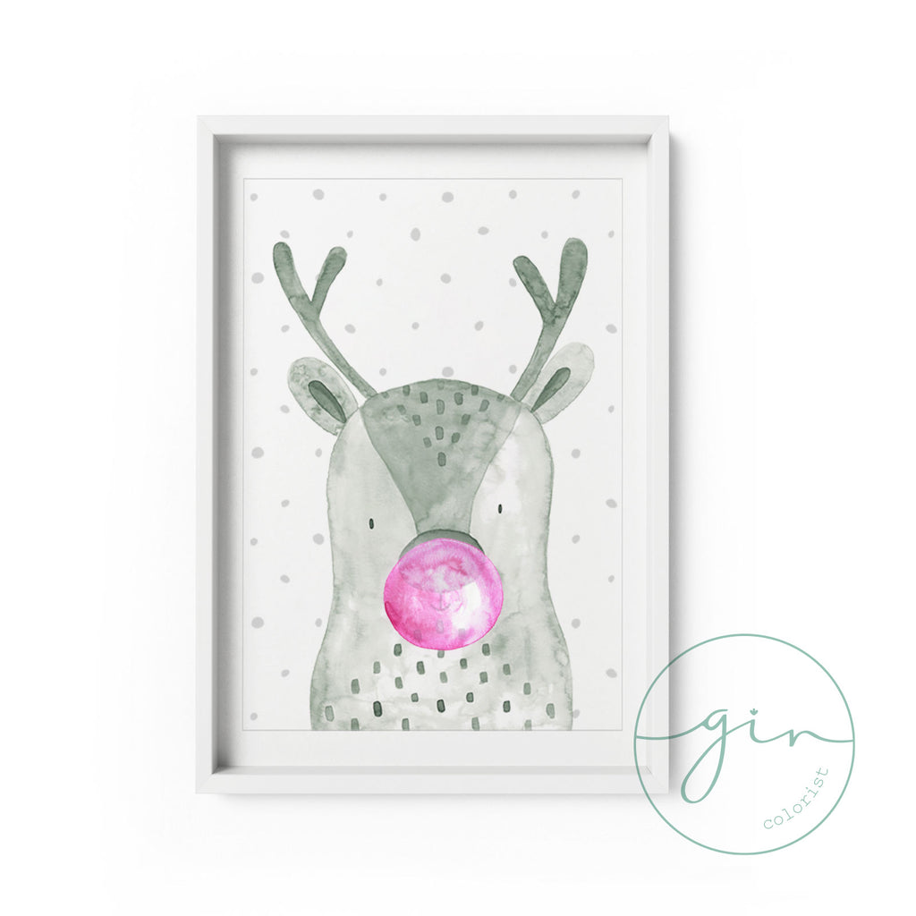 Lámina infantil personalizada reno bubblegum acuarela decoración habitación niños