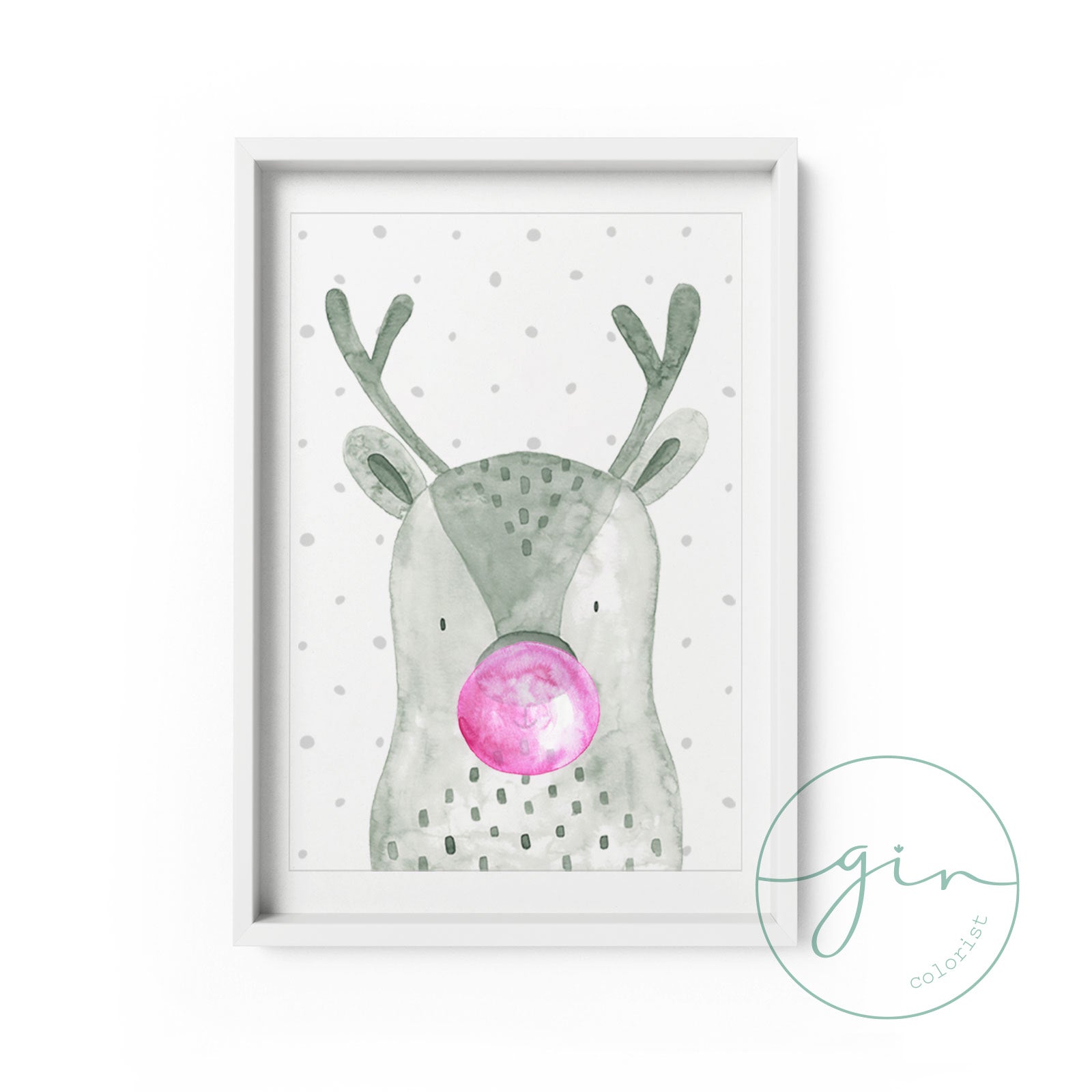 Lámina infantil personalizada reno bubblegum acuarela decoración habitación niños