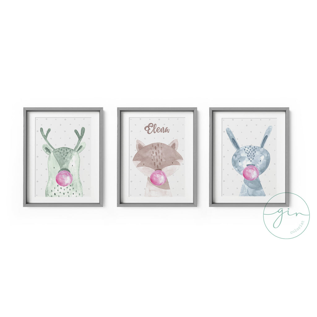 Set láminas infantiles personalizadas animales bubblegum acuarela ciervo zorro conejo