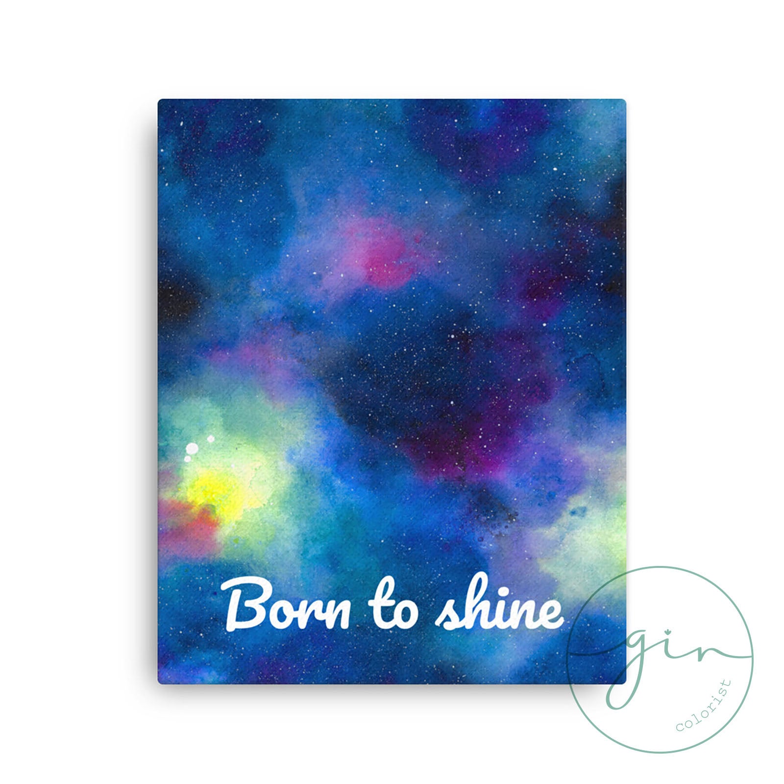 Lienzo acuarela galaxia púrpura Born to Shine detalle textura pintada a mano GinColorist
